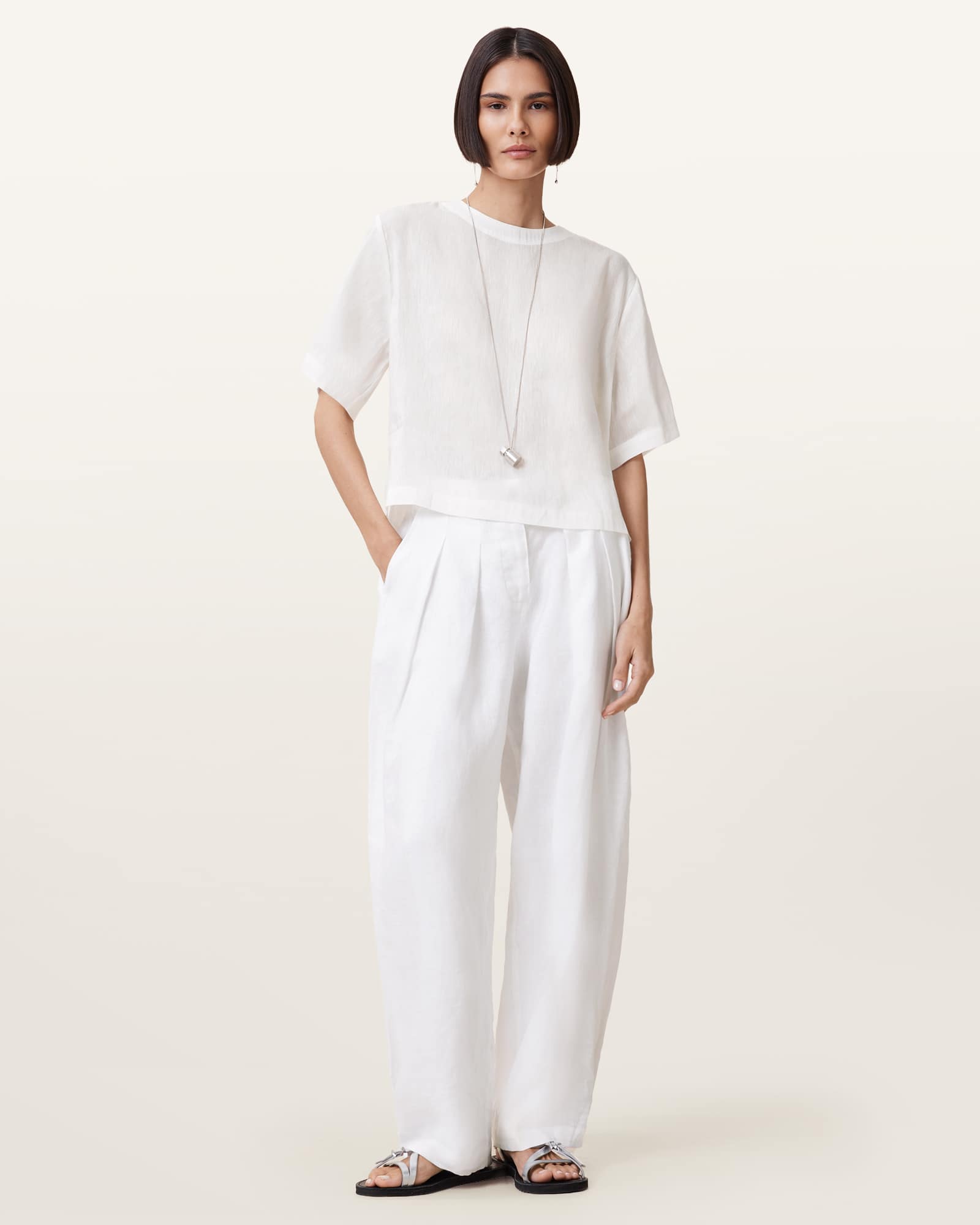 All Saints Lottie Linen T-Shirt Chalk White