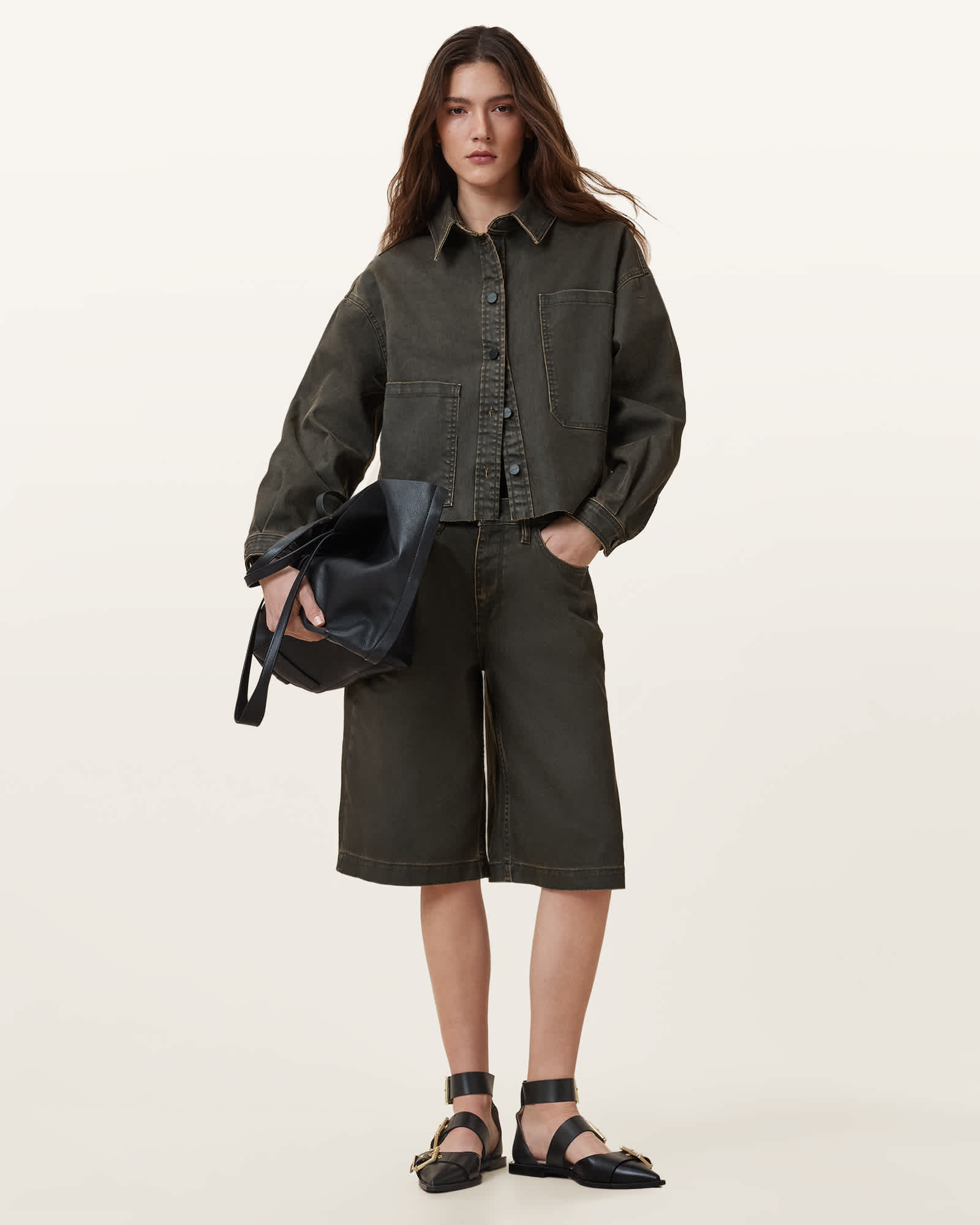 All Saints Louie Wide Leg Denim Jorts Golden Black