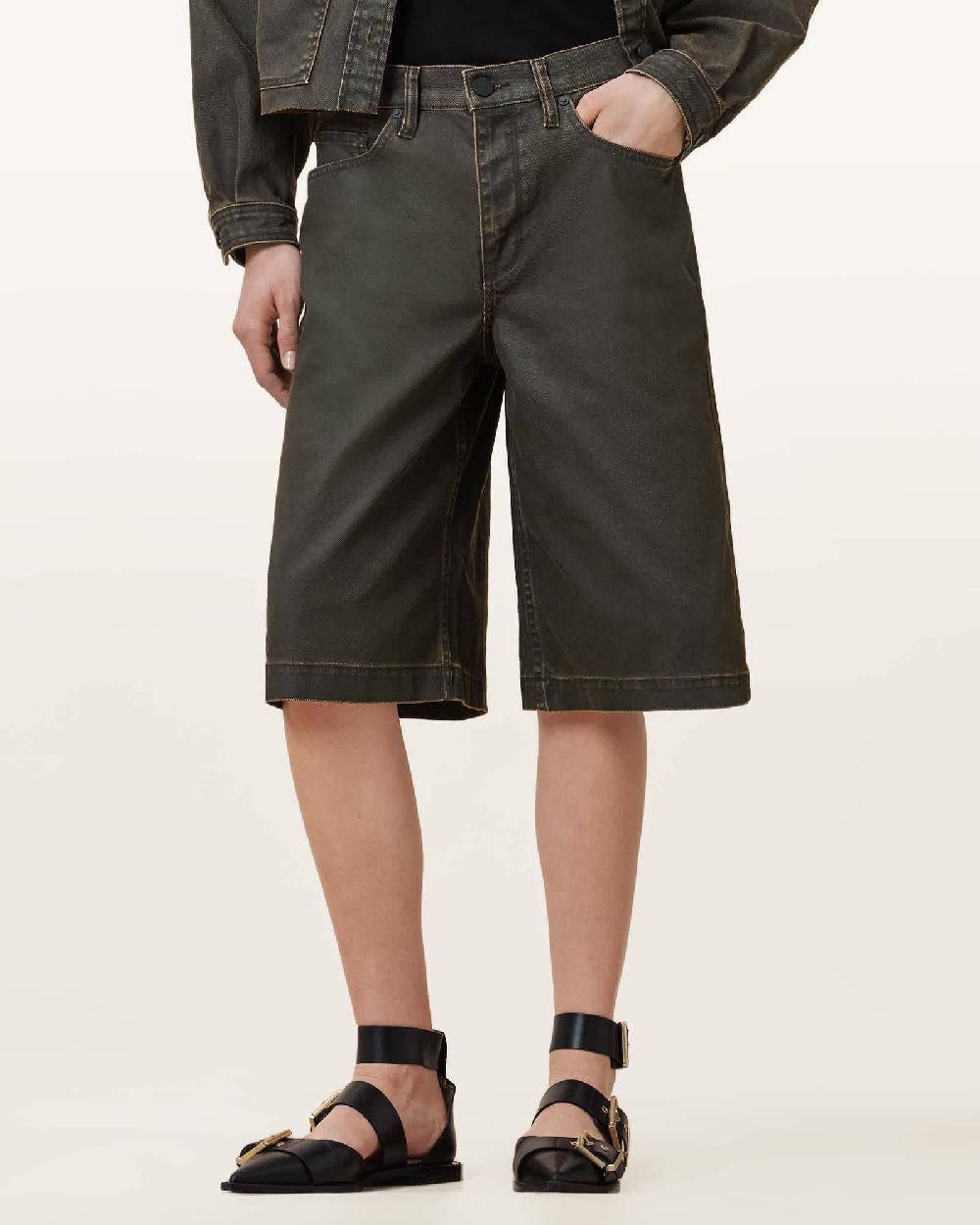 All Saints Louie Wide Leg Denim Jorts Golden Black