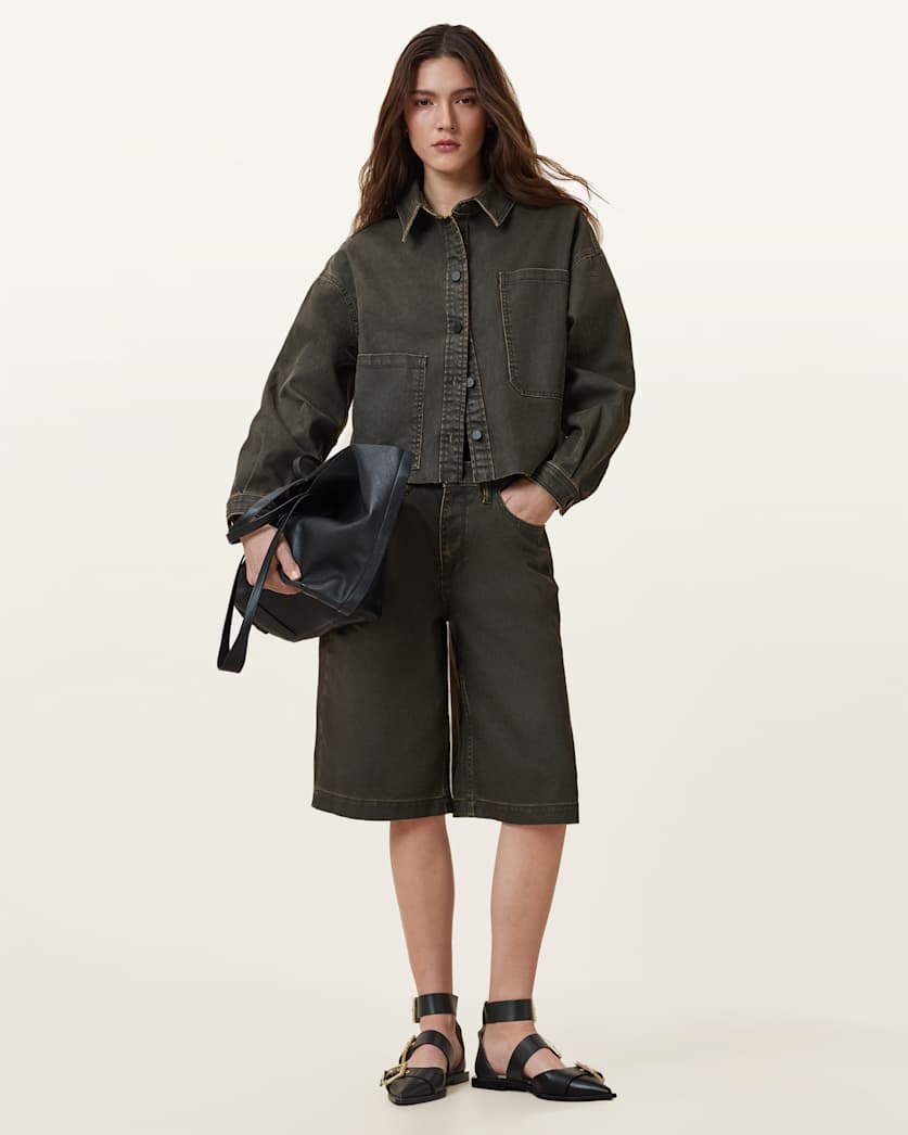 all saints Louie Wide Leg Denim Jorts Golden Black