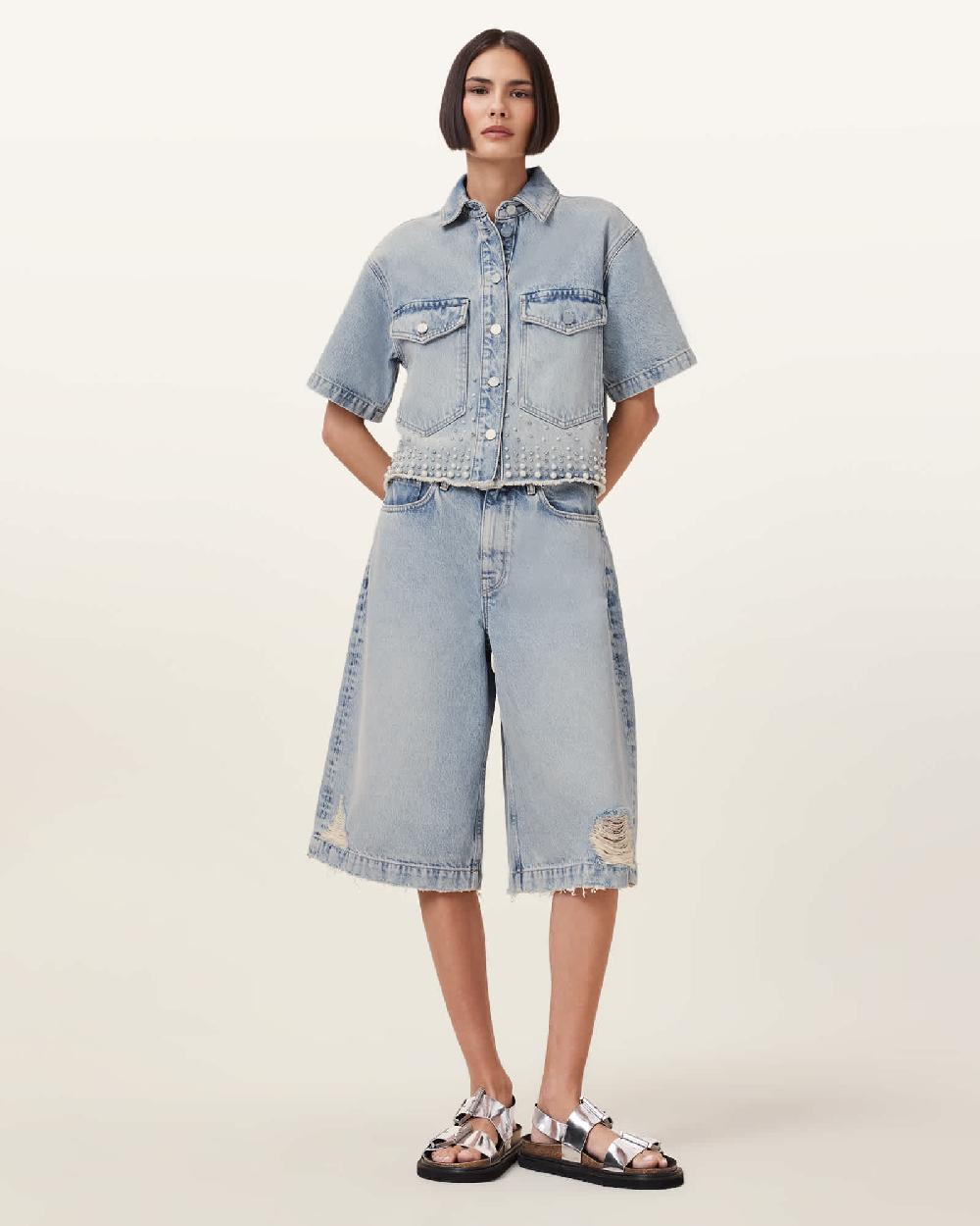All Saints Louie Wide Leg Denim Jorts Light Indigo