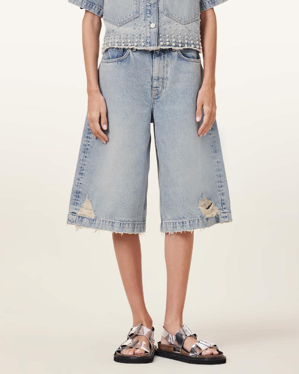 All Saints Louie Wide Leg Denim Jorts Light Indigo