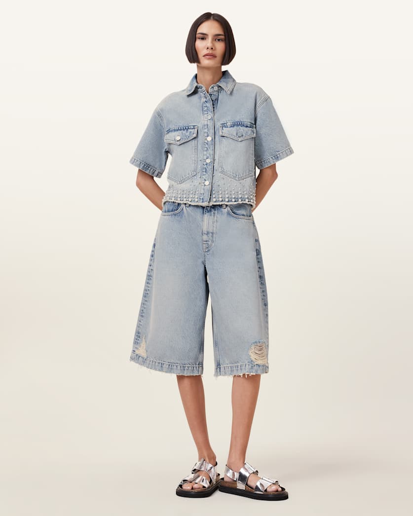 all saints Louie Wide Leg Denim Jorts Light Indigo