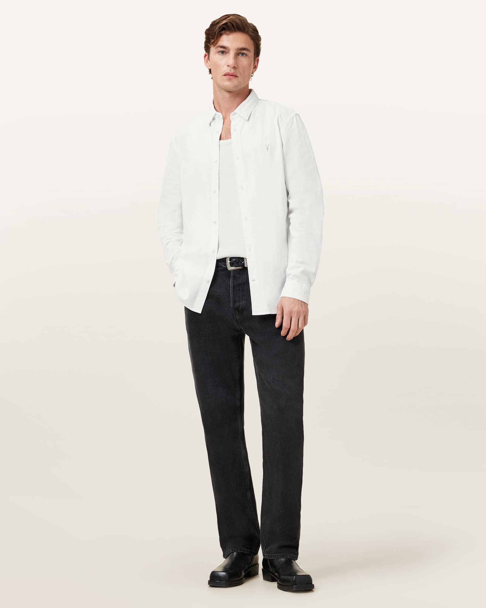 All Saints Lovell Long Sleeve Ramskull Shirt White