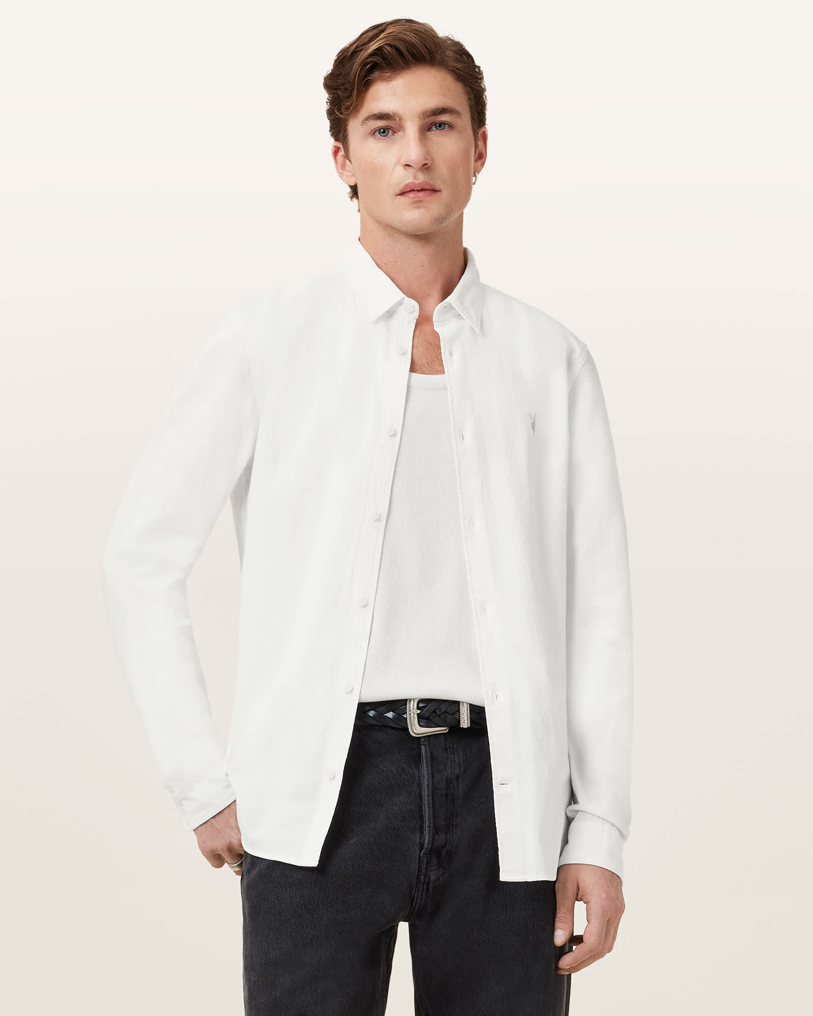 All Saints Lovell Long Sleeve Ramskull Shirt White