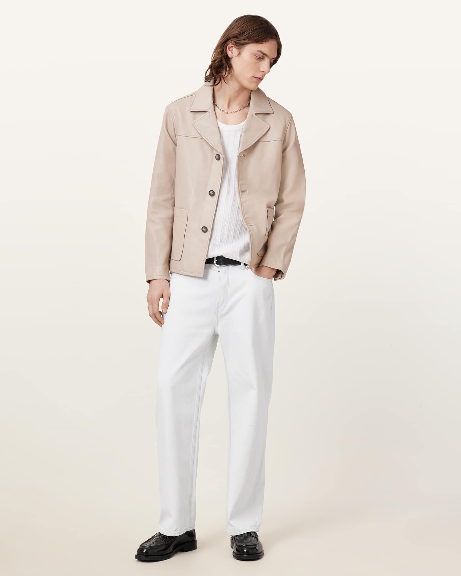 All Saints Luca Leather Blazer Pale Grey