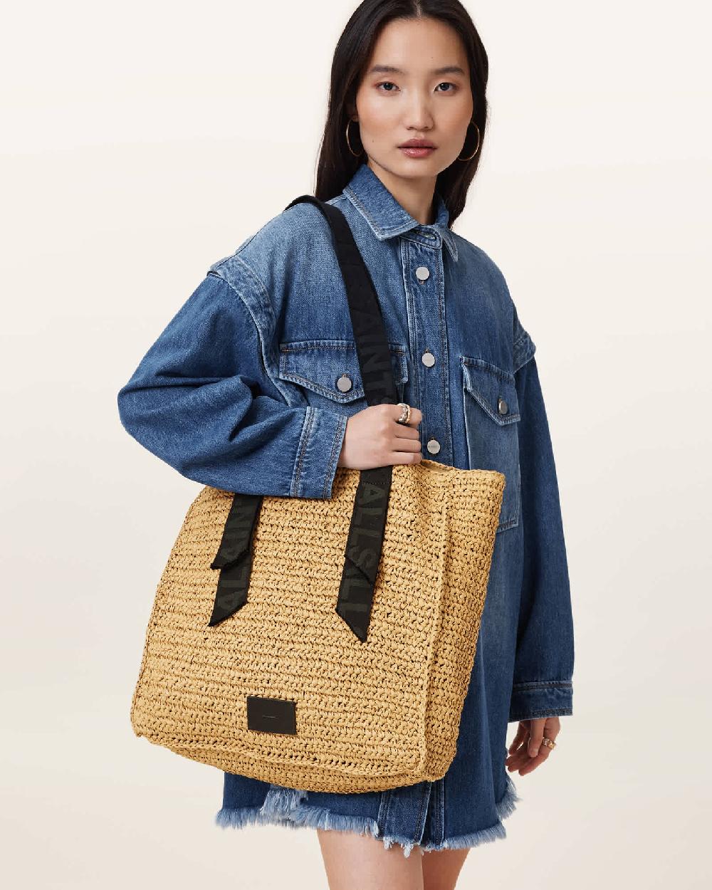 All Saints Lullah Woven Straw Tote Bag Almond