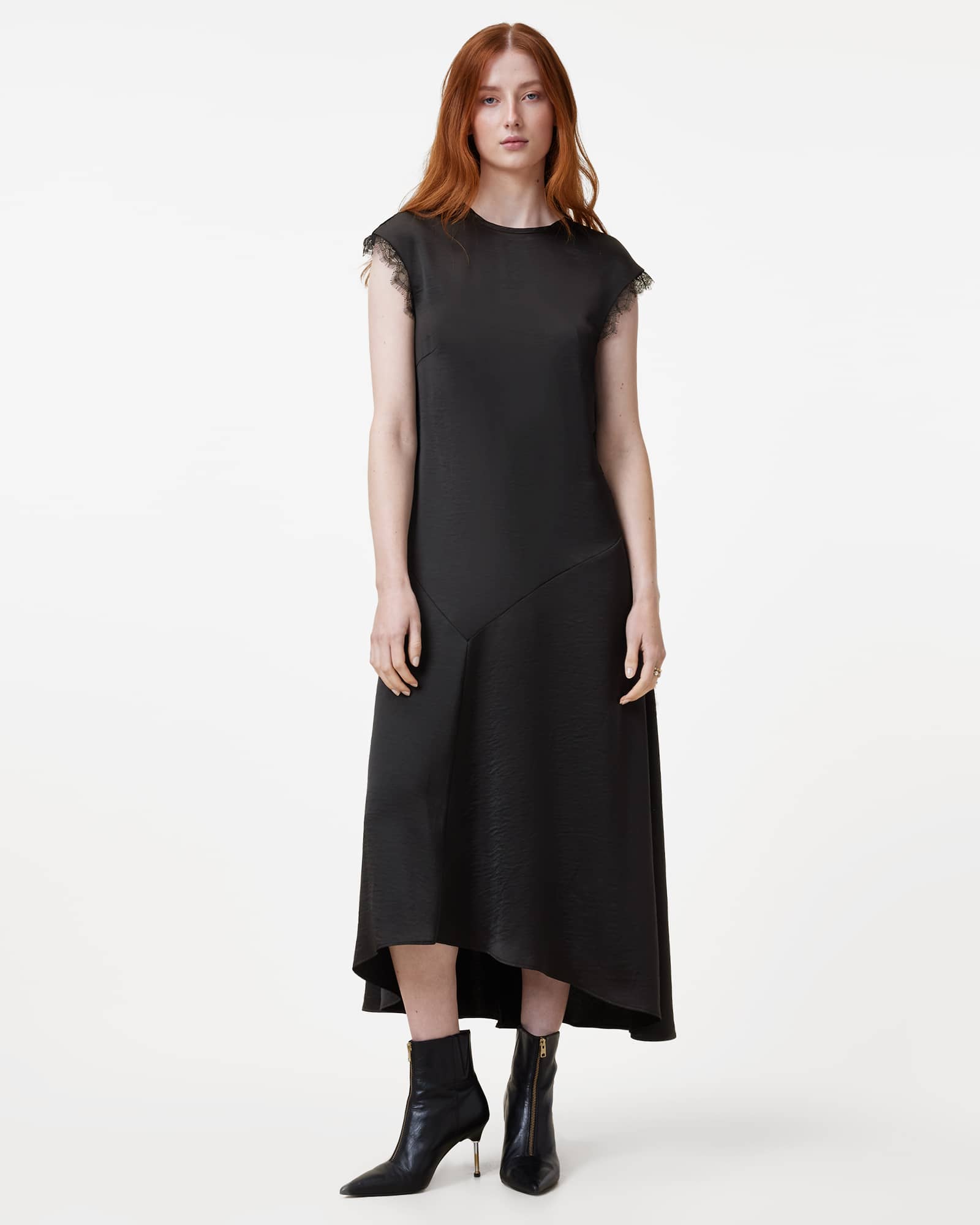 All Saints Lyra Lace Trim Midi Dress Black