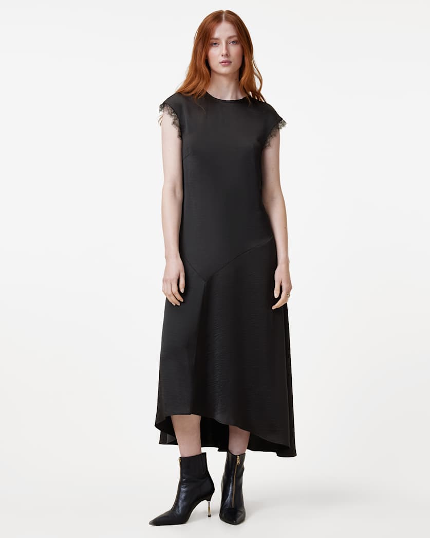 all saints Lyra Lace Trim Midi Dress Black