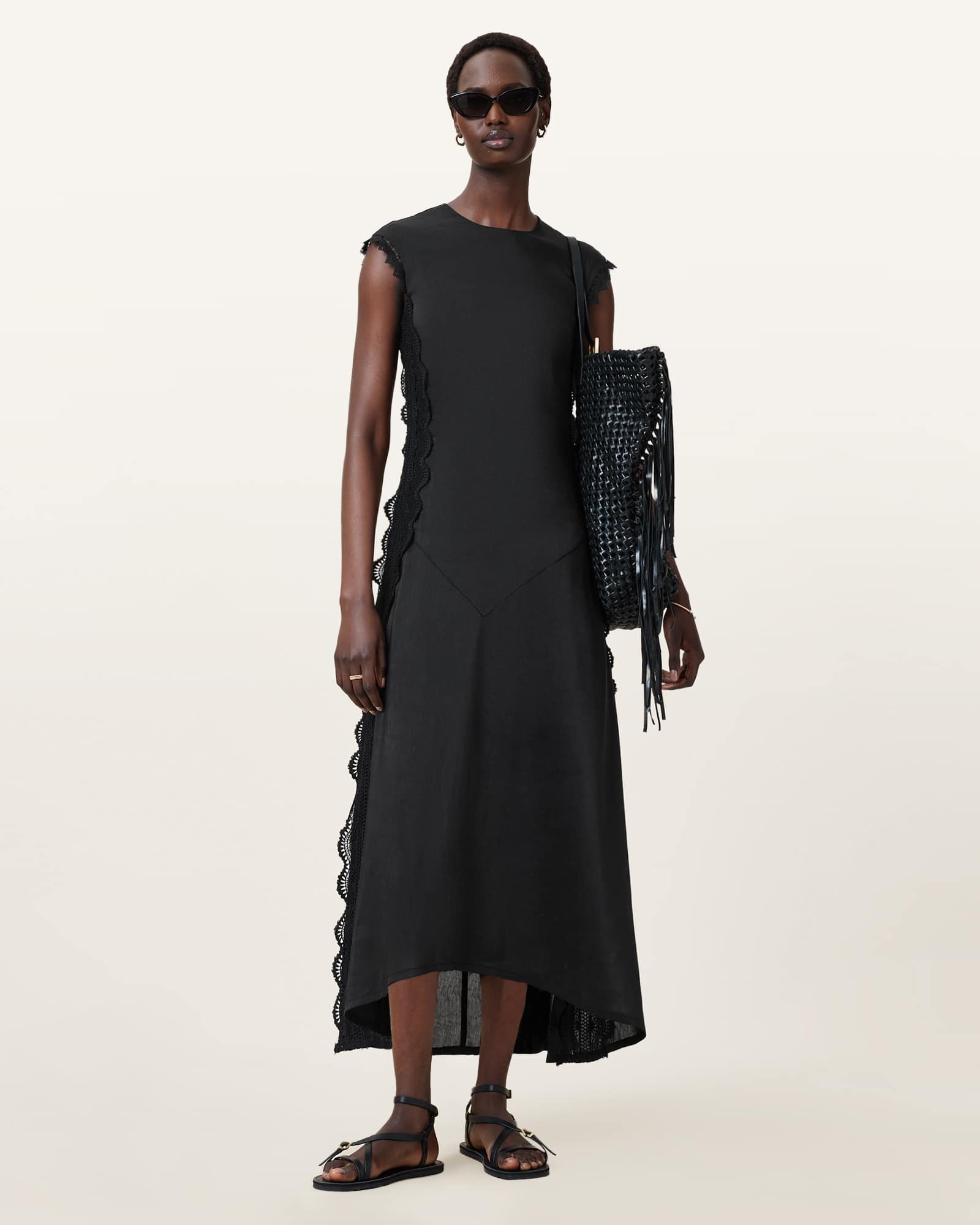 All Saints Lyra Linen Midi Dress Black