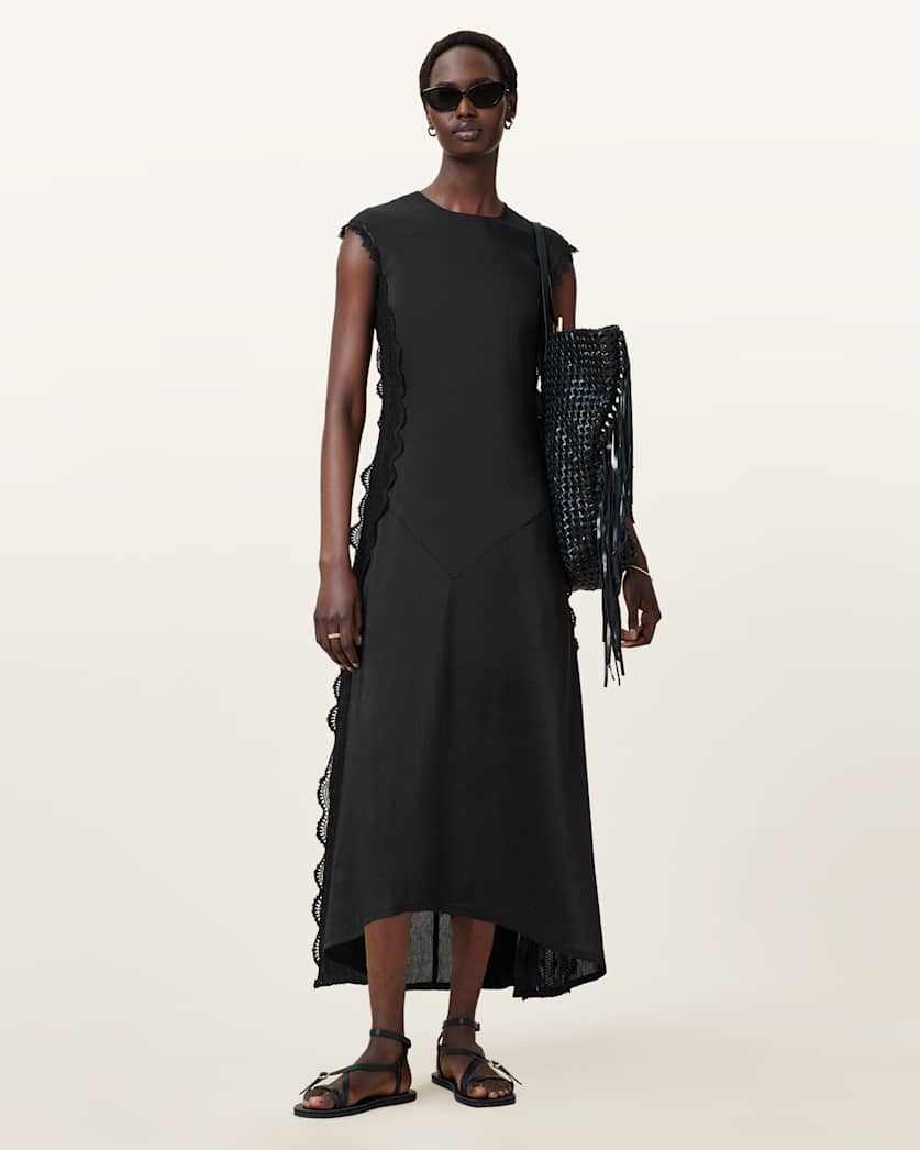 all saints Lyra Linen Midi Dress Black