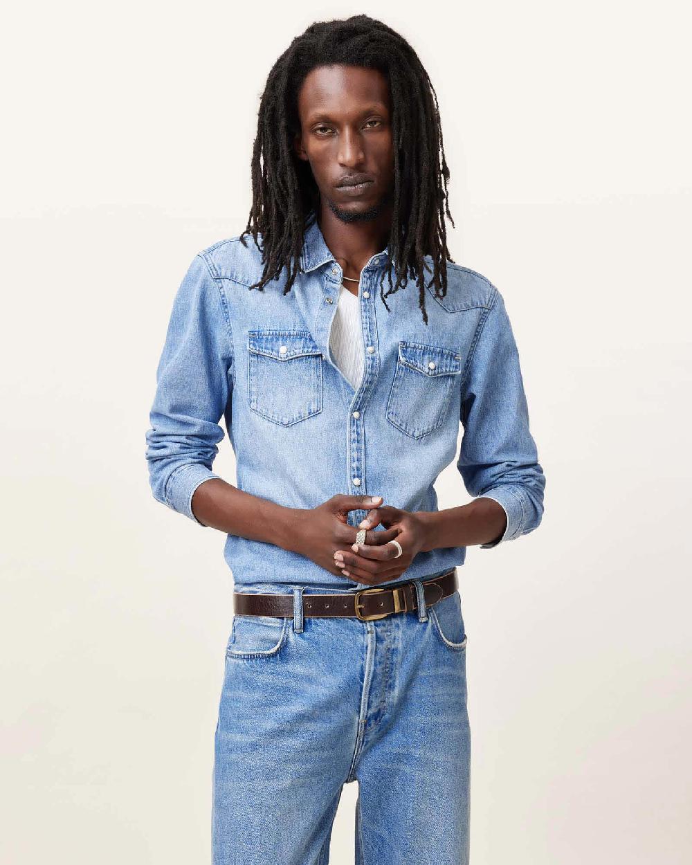 All Saints MacGowan Denim Shirt Light Indigo Blue