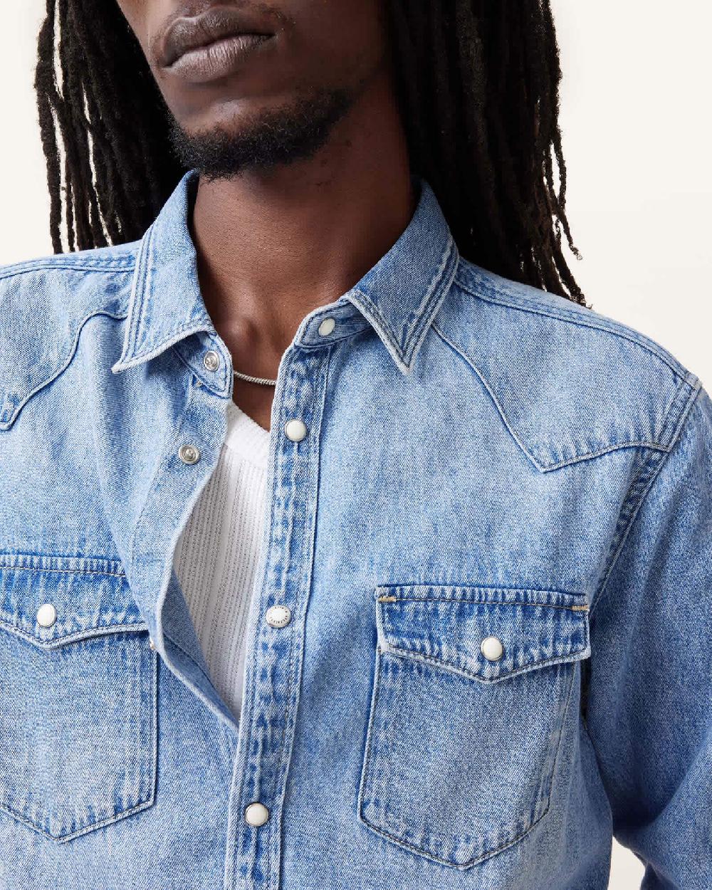 All Saints MacGowan Denim Shirt Light Indigo Blue