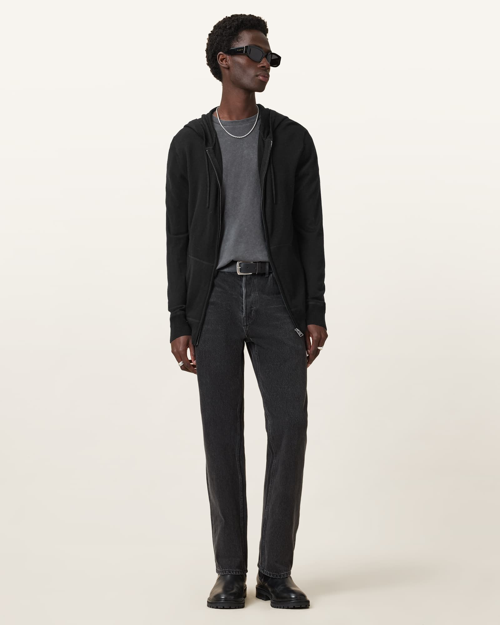 All Saints Maes Merino Zip Up Hoodie Black