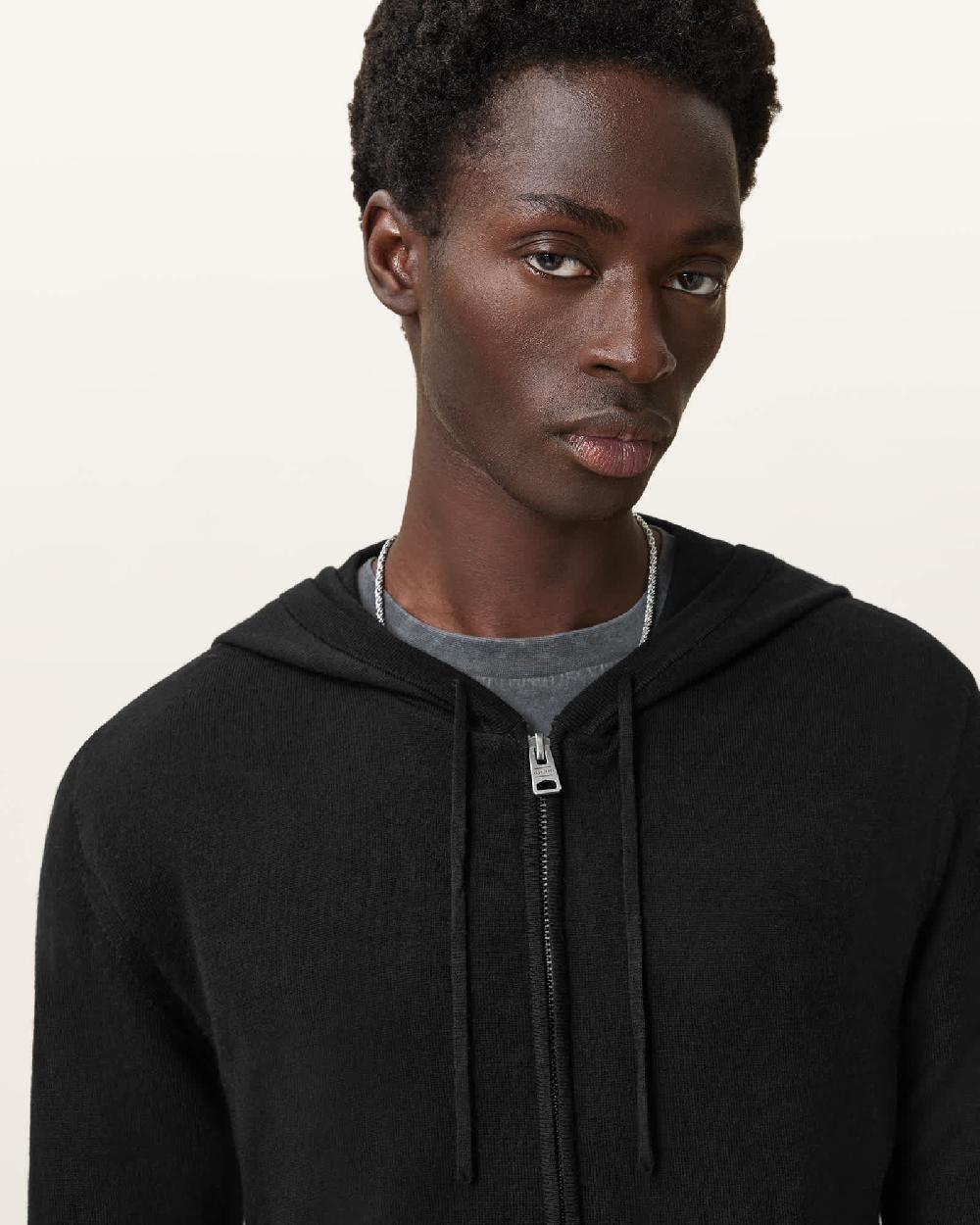 All Saints Maes Merino Zip Up Hoodie Black