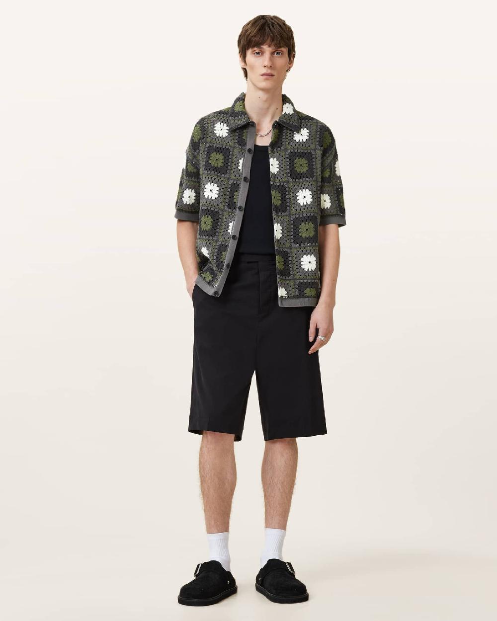 All Saints Mandon Crochet Knit Shirt Green Multi