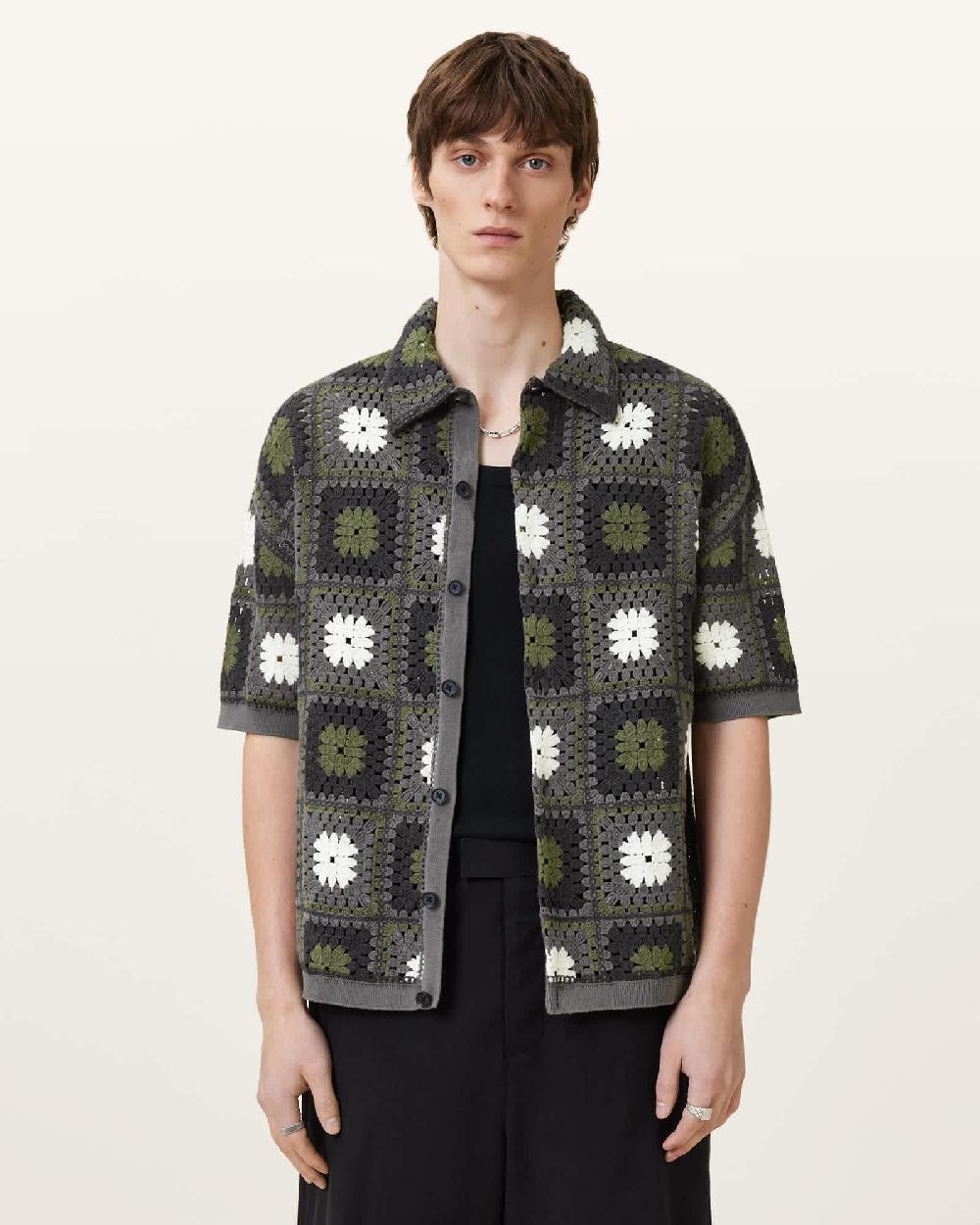 All Saints Mandon Crochet Knit Shirt Green Multi