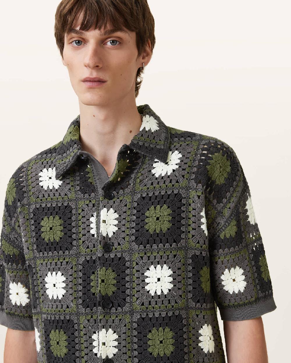 All Saints Mandon Crochet Knit Shirt Green Multi