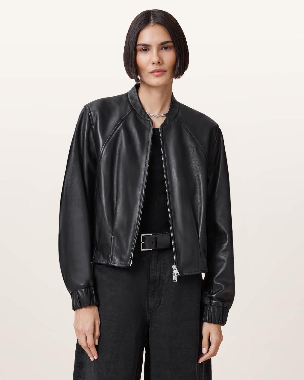 All Saints Martina Leather Bomber Jacket Black