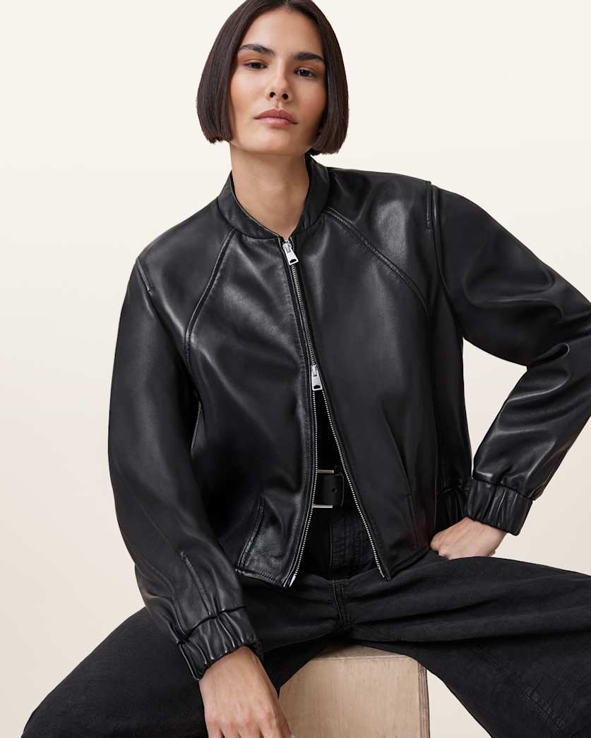 all saints Martina Leather Bomber Jacket Black