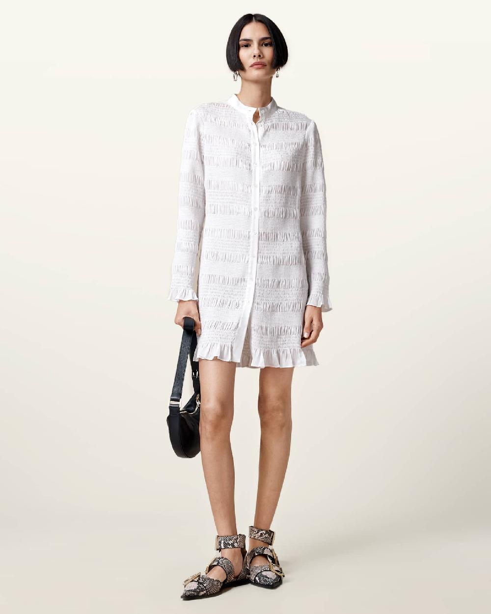 All Saints Meg Shirred Mini Shirt Dress White
