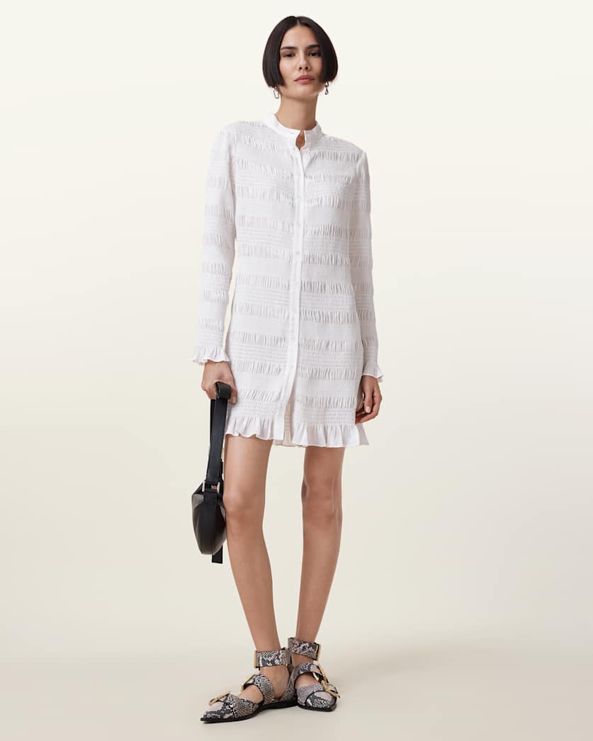 all saints Meg Shirred Mini Shirt Dress White