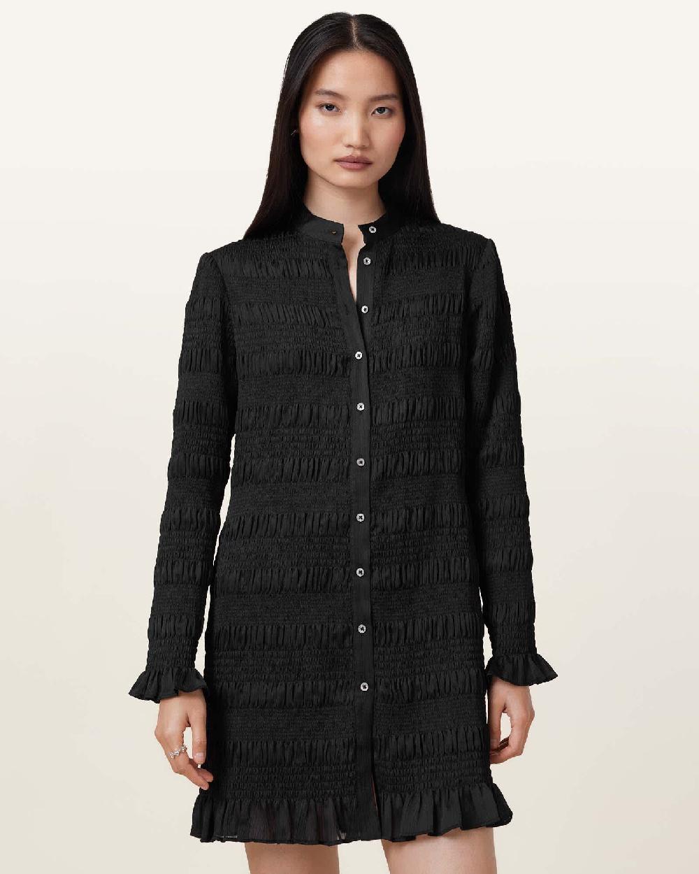 All Saints Meg Smocked Mini Dress Black