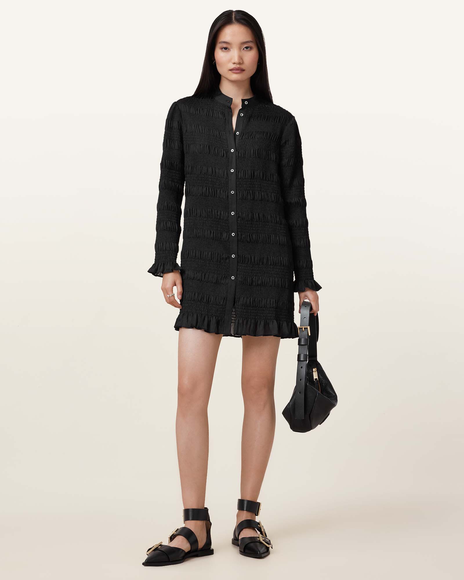 All Saints Meg Smocked Mini Dress Black