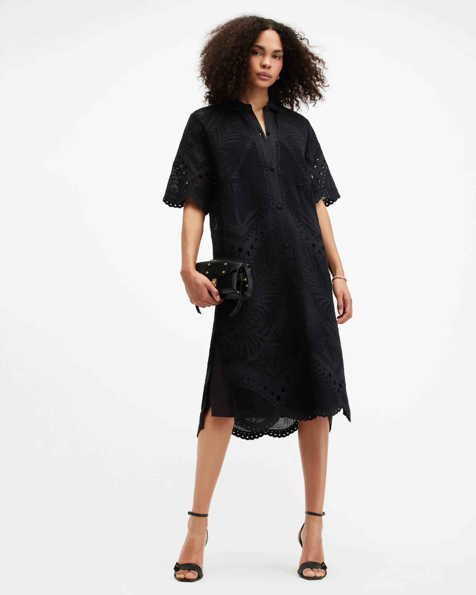 All Saints Meria Broderie Midi Dress Black