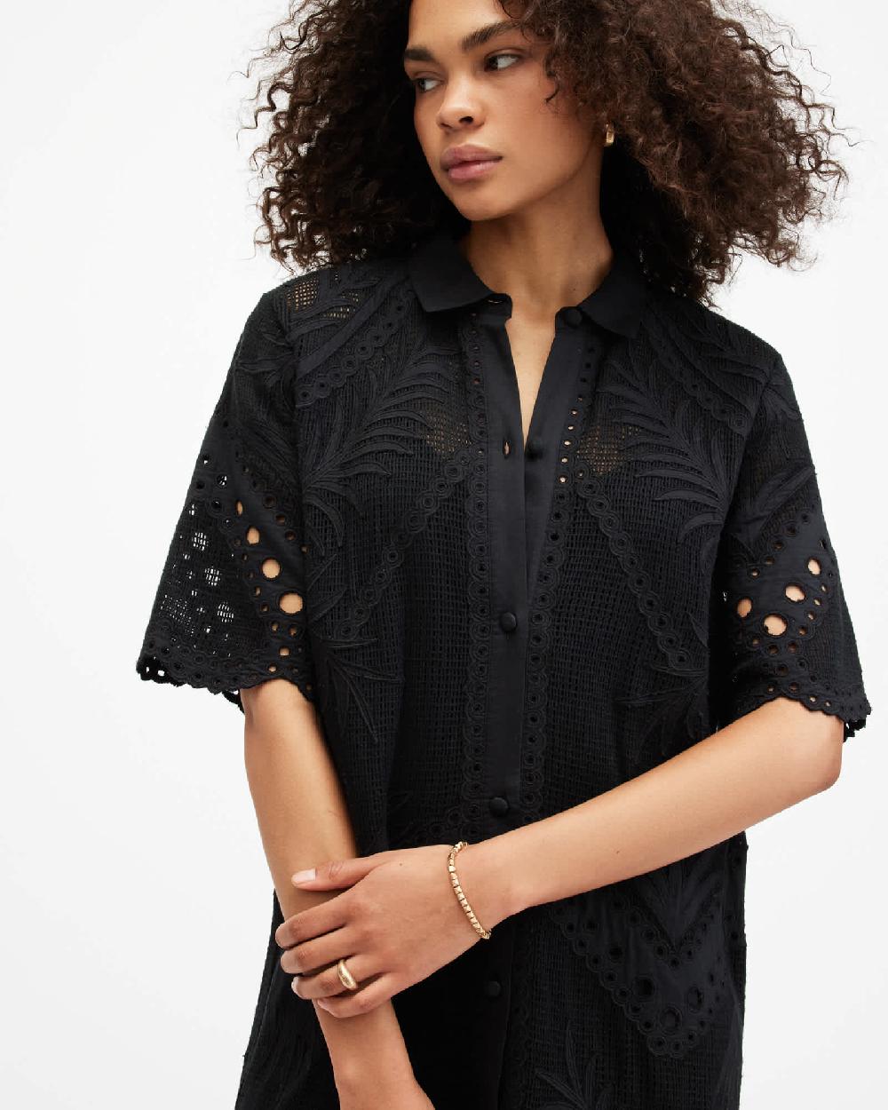 All Saints Meria Broderie Midi Dress Black