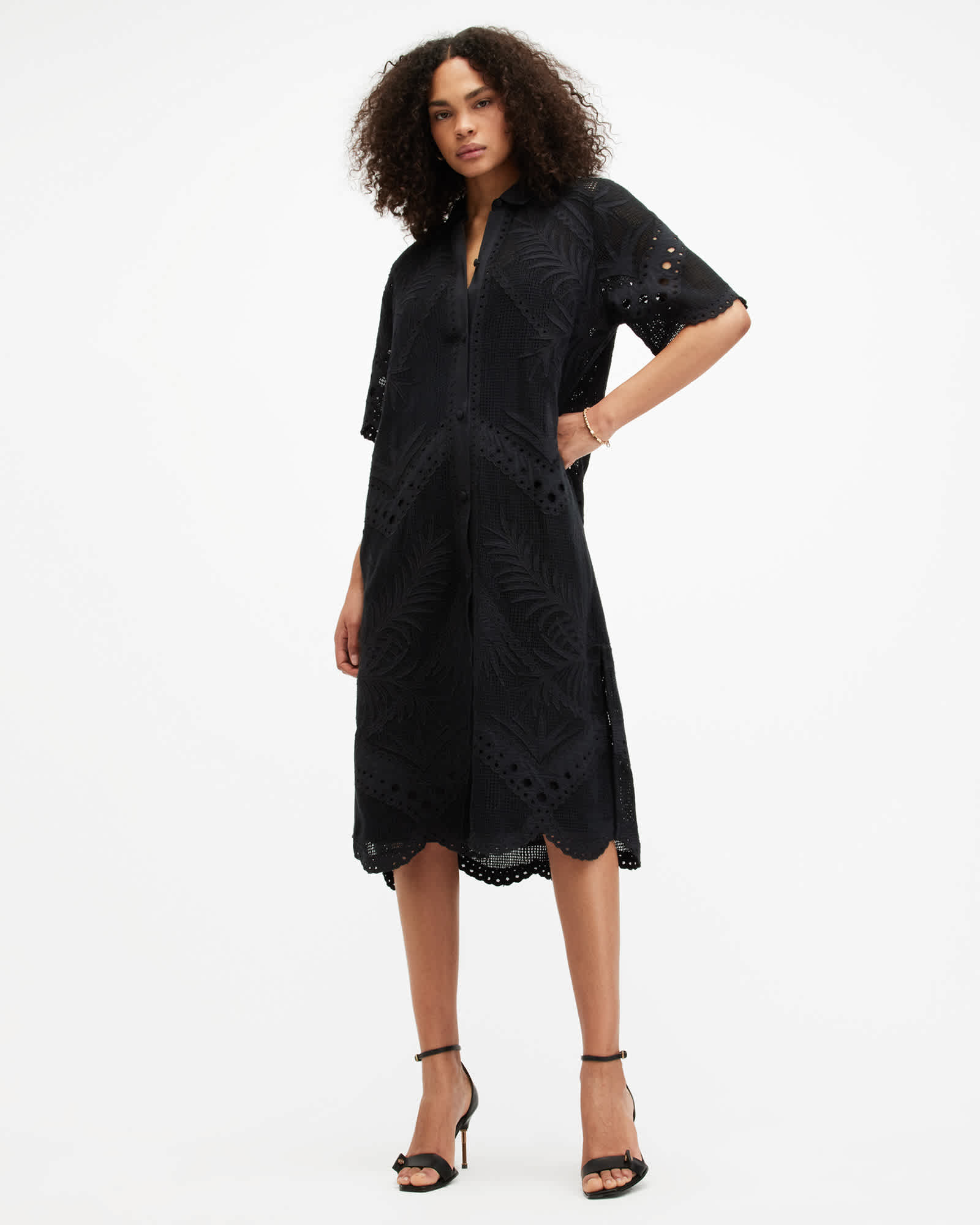 All Saints Meria Broderie Midi Dress Black