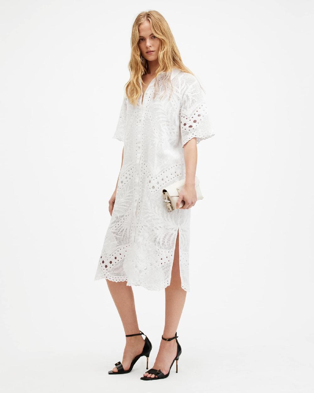 All Saints Meria Broderie Midi Dress Optic White