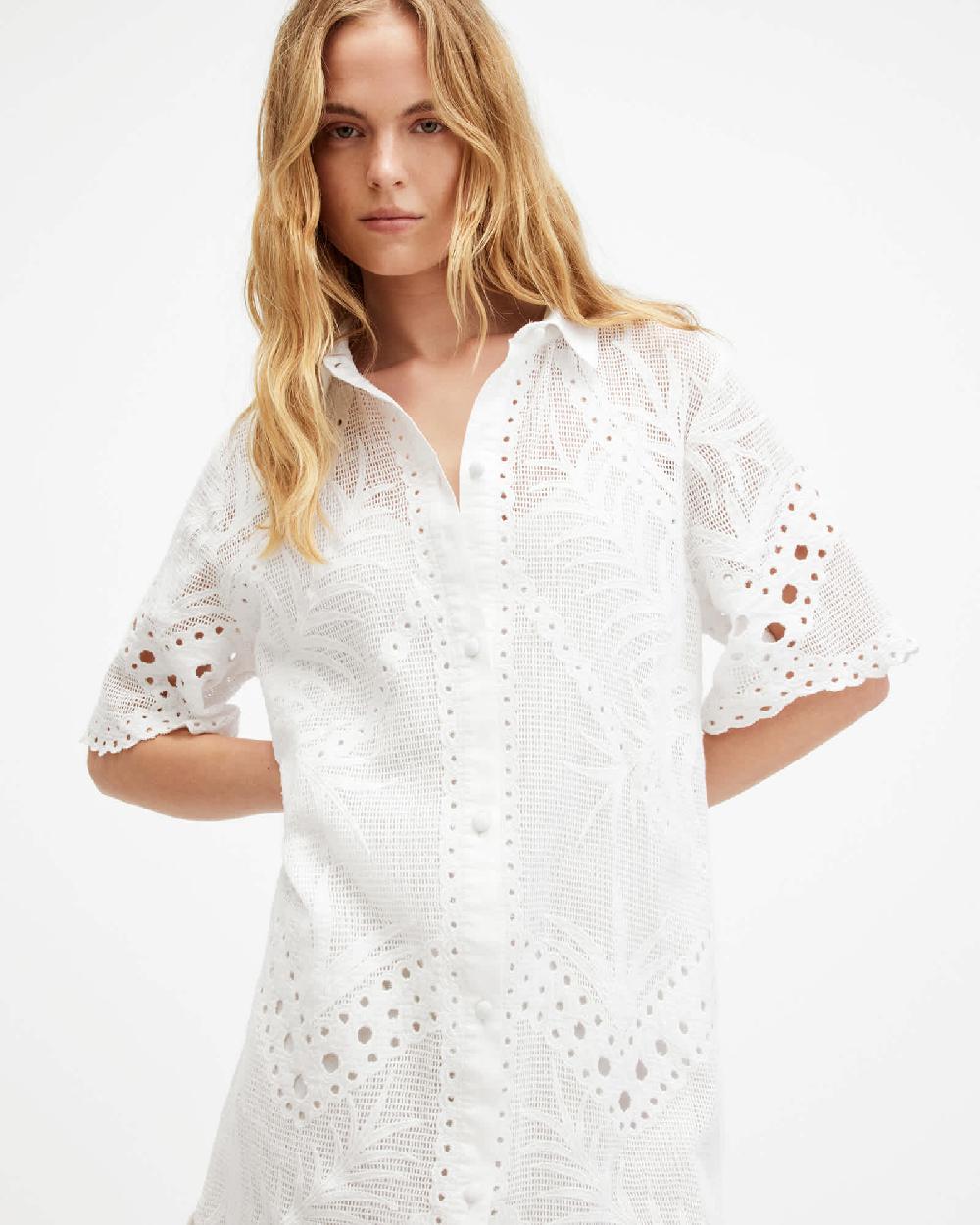All Saints Meria Broderie Midi Dress Optic White