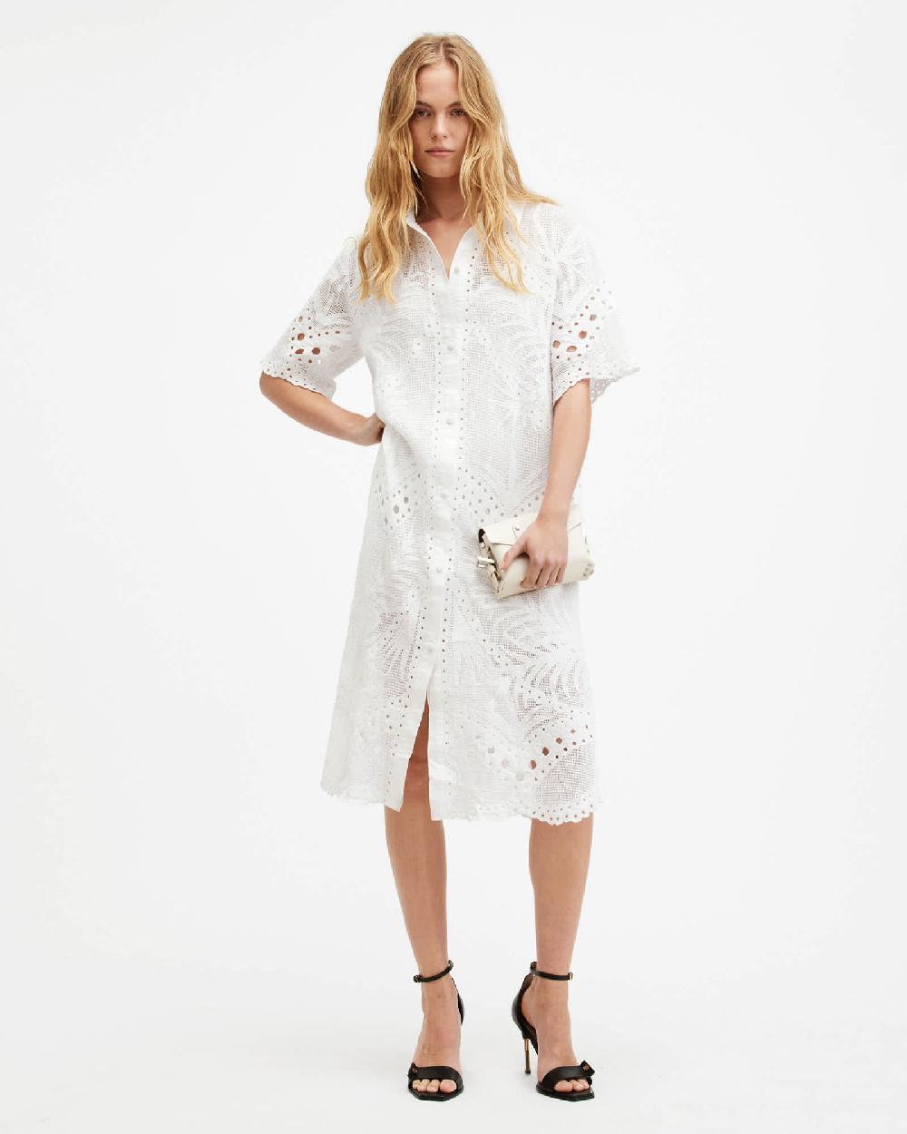 All Saints Meria Broderie Midi Dress Optic White