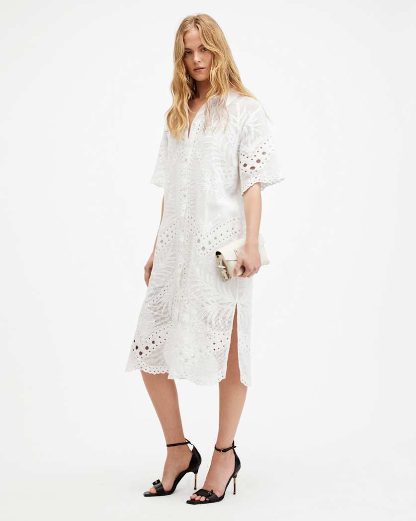 all saints Meria Broderie Midi Dress Optic White