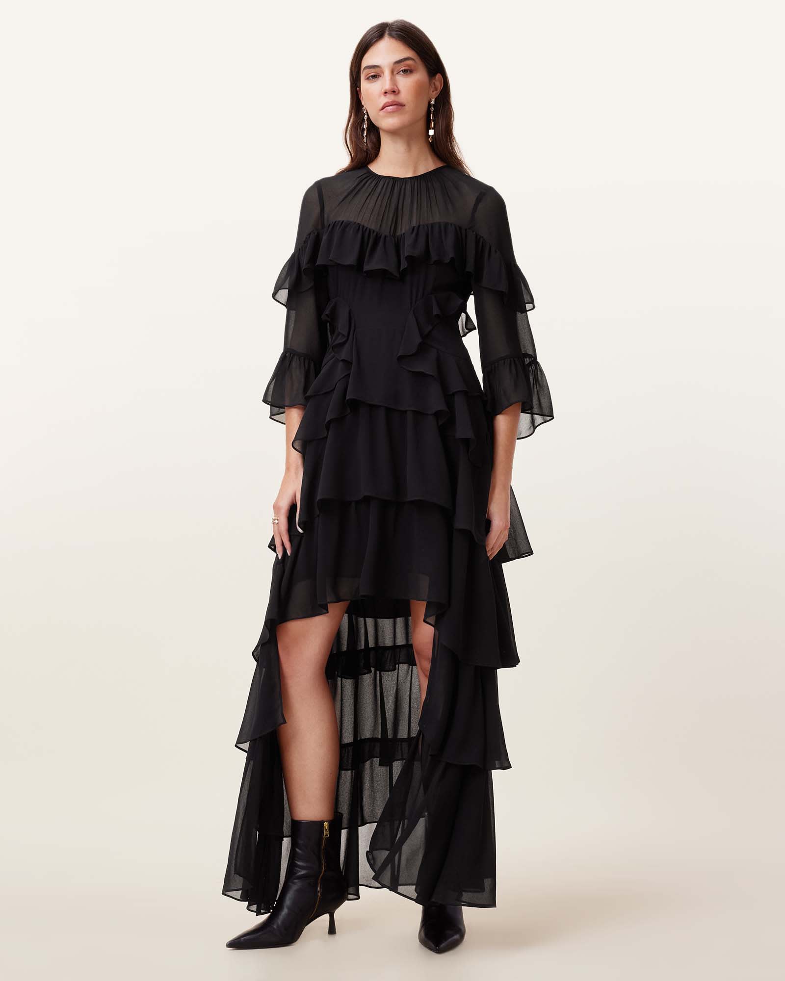All Saints Nat Ruffled High Low Maxi Dress Black