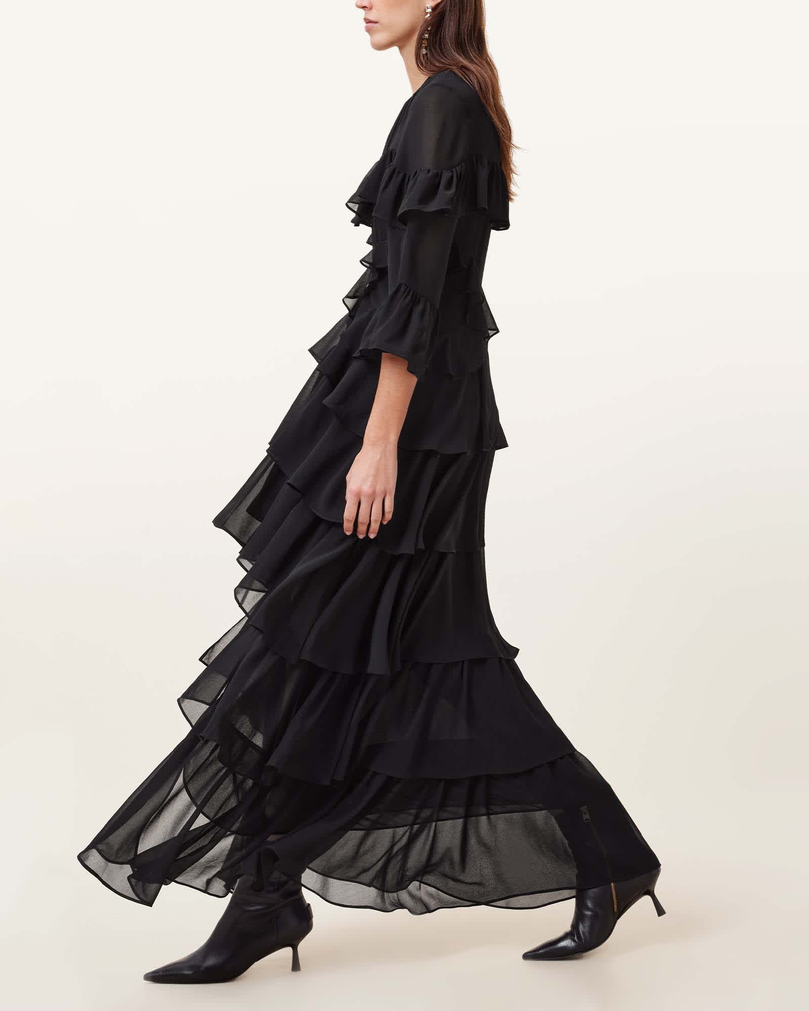 All Saints Nat Ruffled High Low Maxi Dress Black