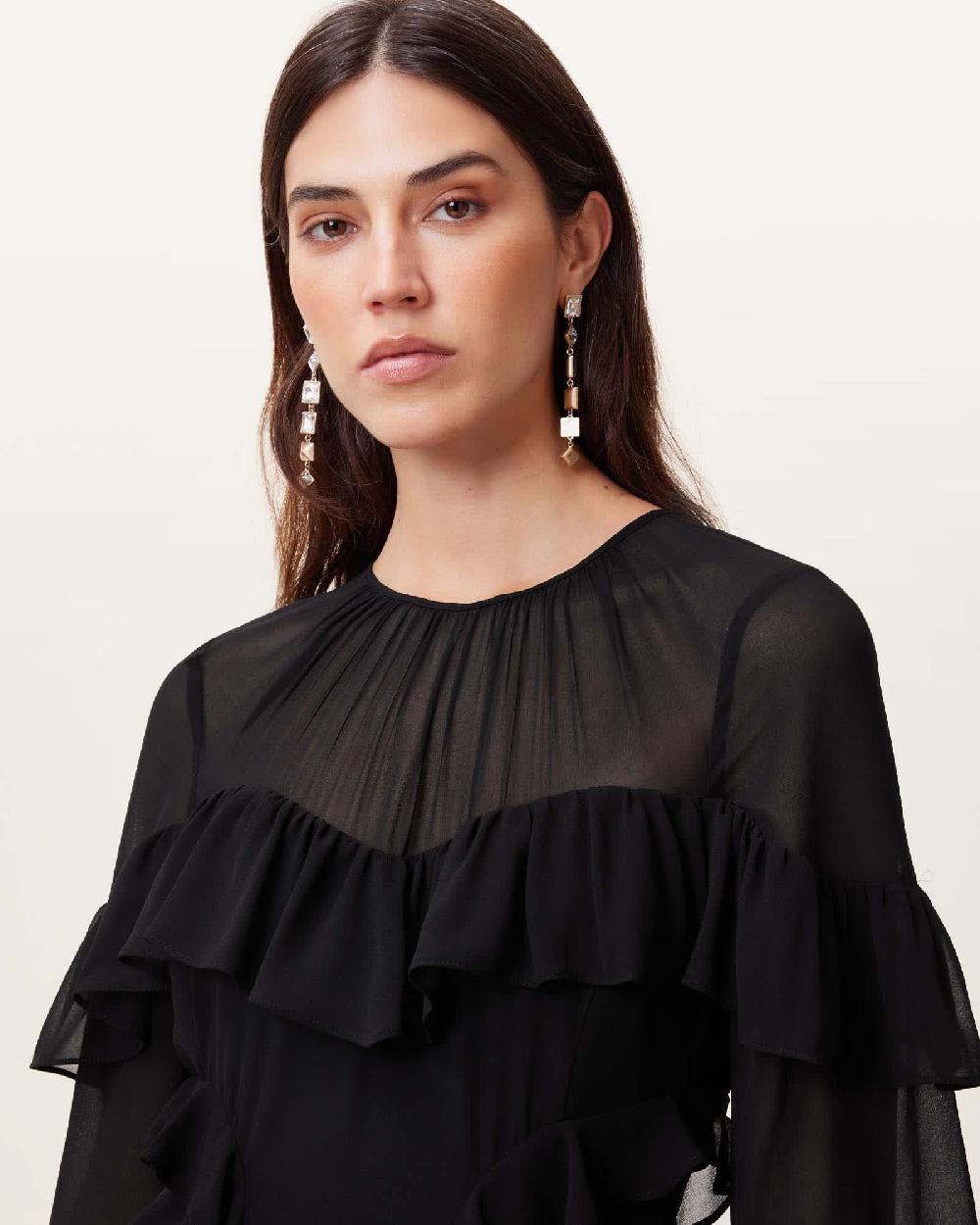 All Saints Nat Ruffled High Low Maxi Dress Black