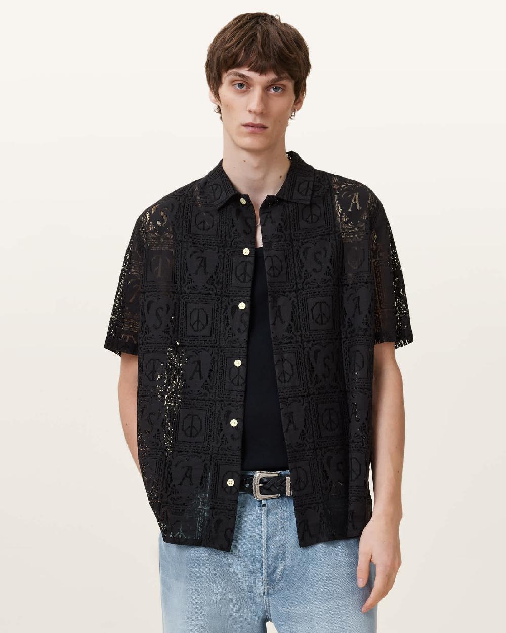 All Saints Netley Short Sleeve Lace Shirt Black