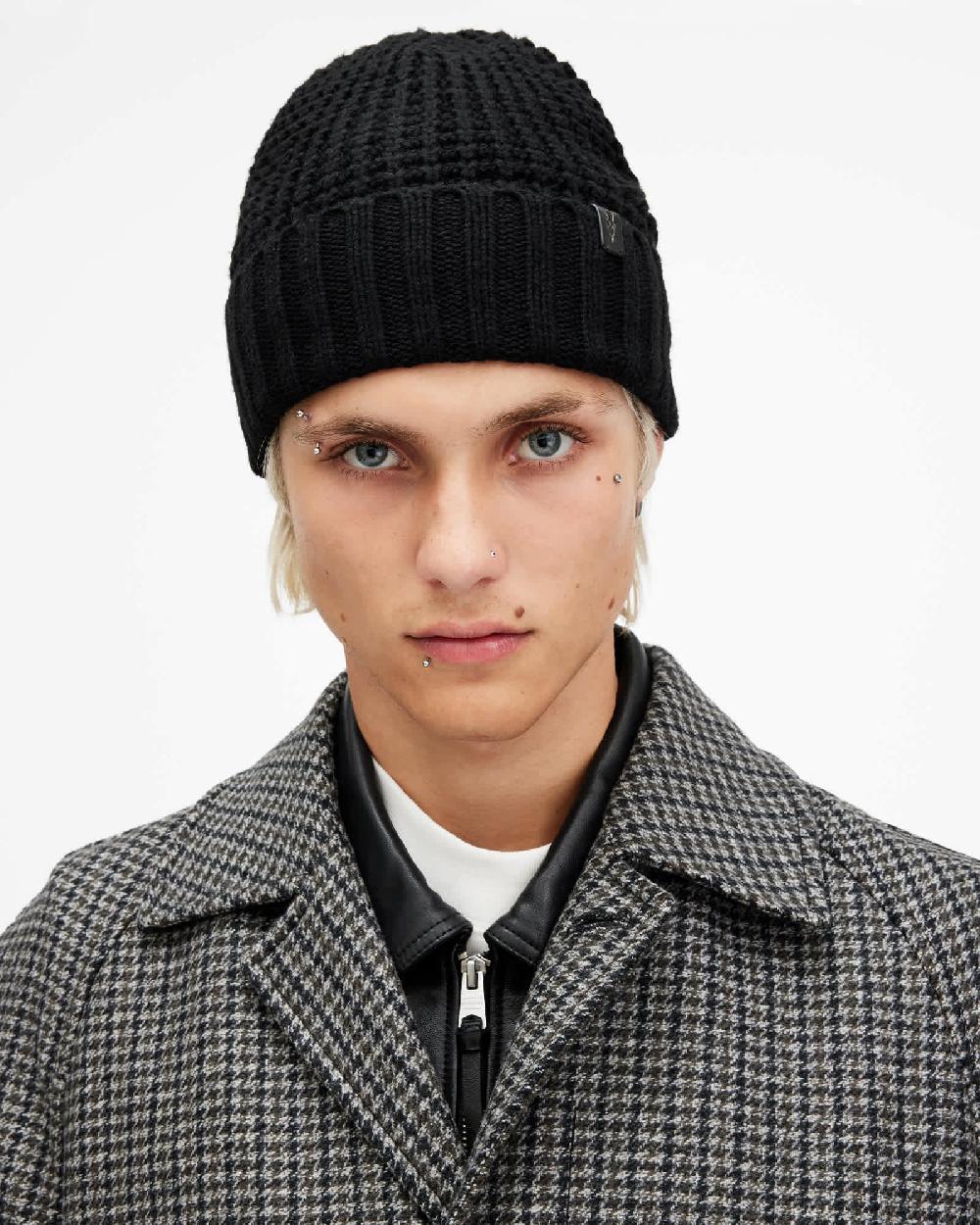 All Saints Nevada Ribbed Wool Blend Beanie Black