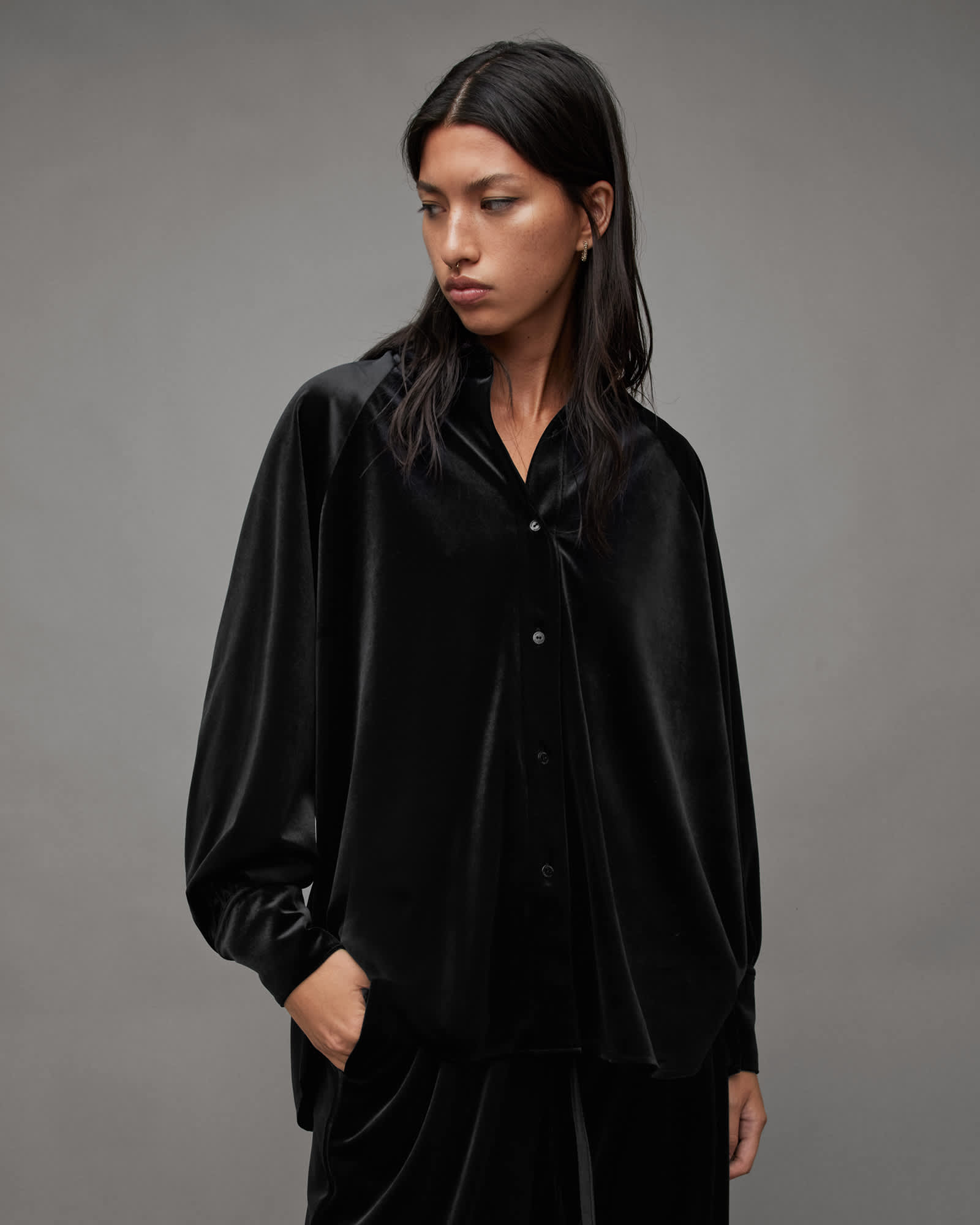 All Saints Oana Recycled Velvet Shirt Black