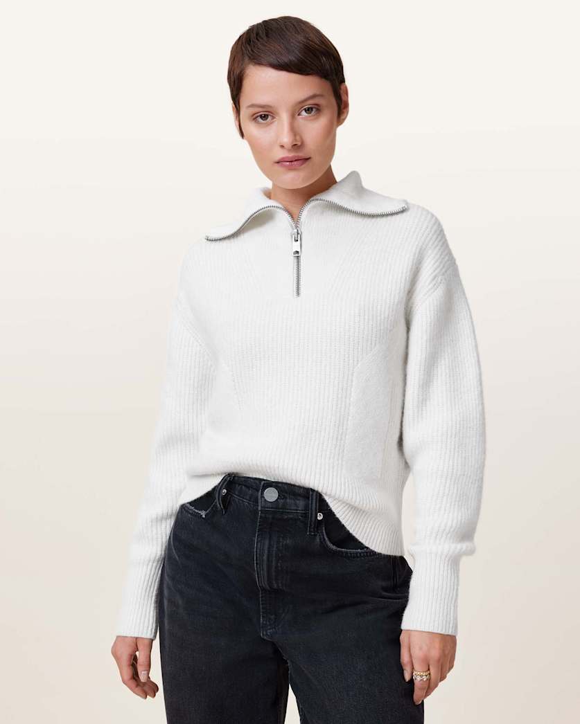 all saints Octavia Zip Up Sweater Chalk White