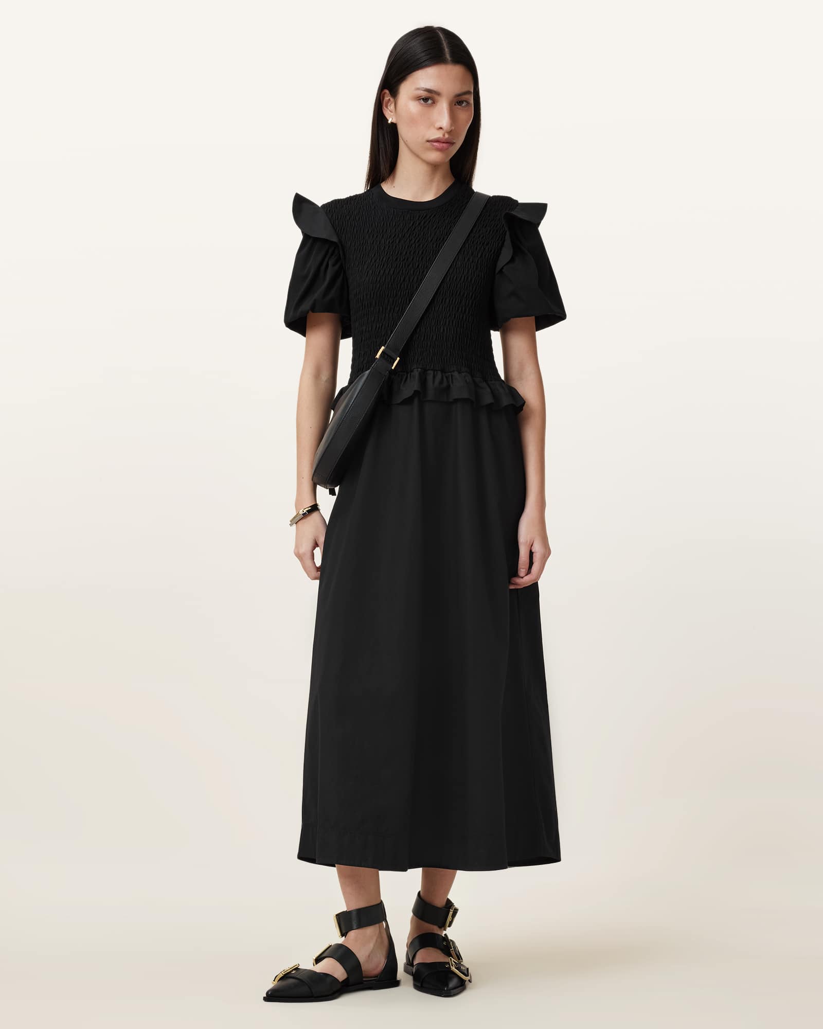 All Saints Ode Puff Sleeve Midi Dress Black