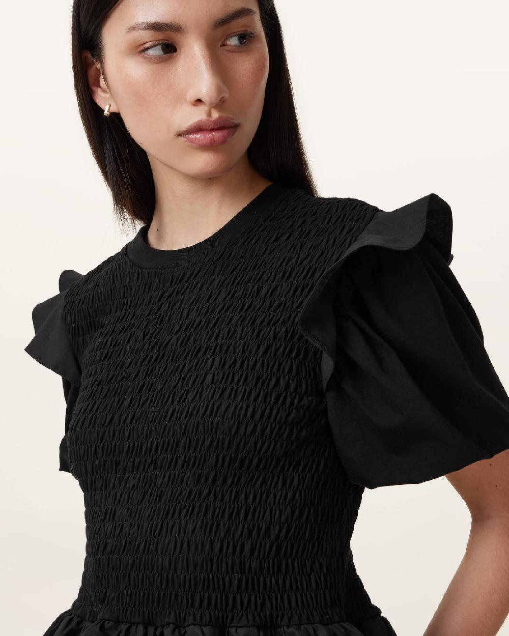 All Saints Ode Puff Sleeve Midi Dress Black