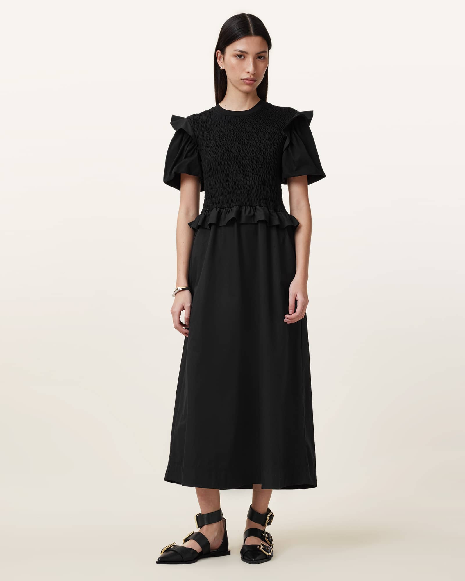 All Saints Ode Puff Sleeve Midi Dress Black