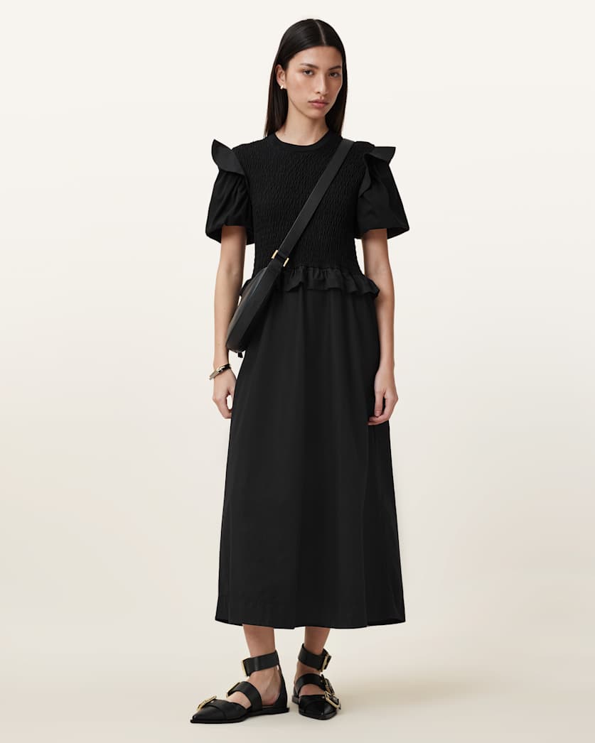 all saints Ode Puff Sleeve Midi Dress Black