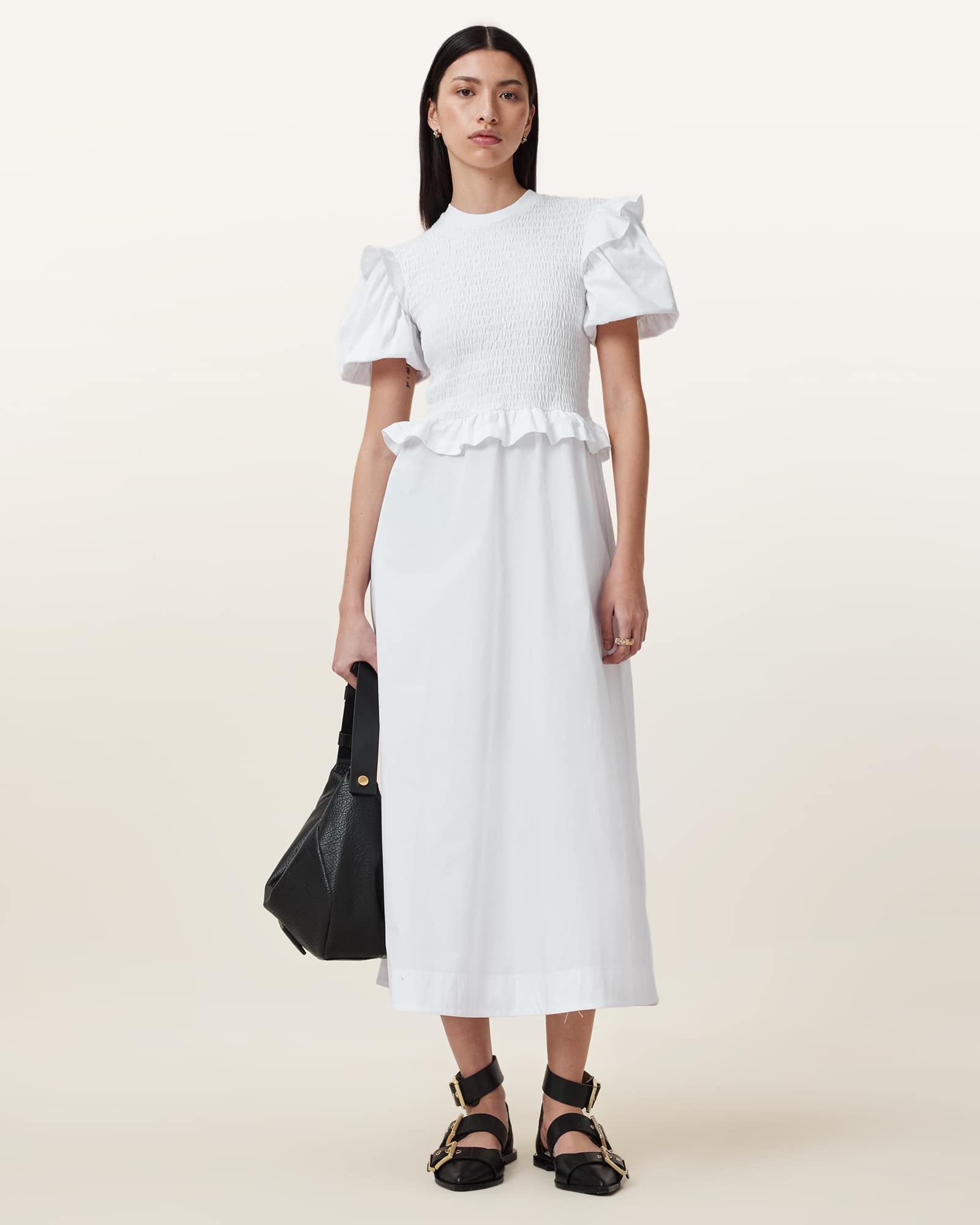 All Saints Ode Puff Sleeve Midi Dress Optic White