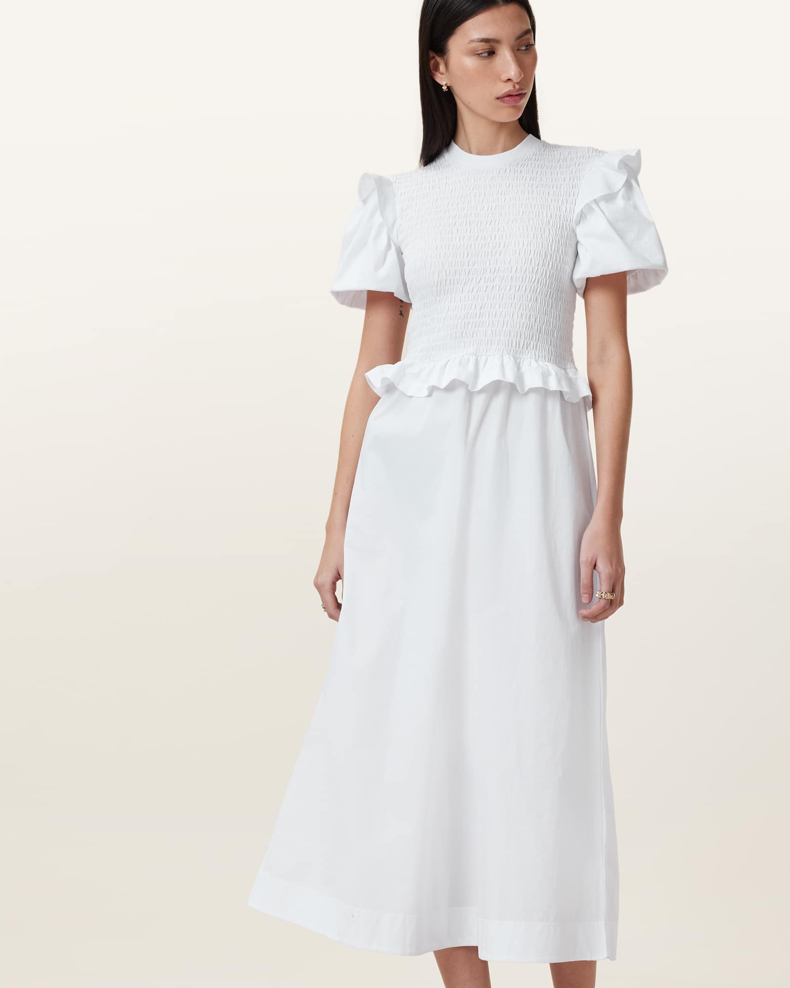 All Saints Ode Puff Sleeve Midi Dress Optic White