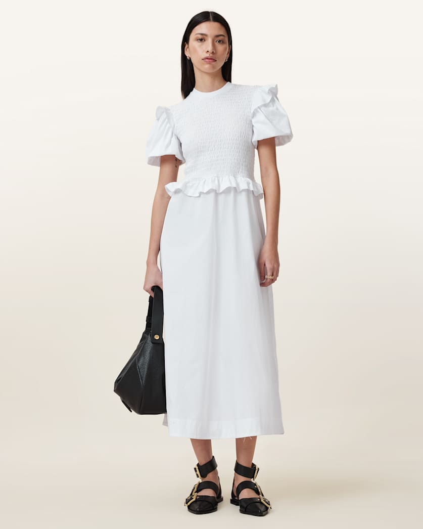 all saints Ode Puff Sleeve Midi Dress Optic White