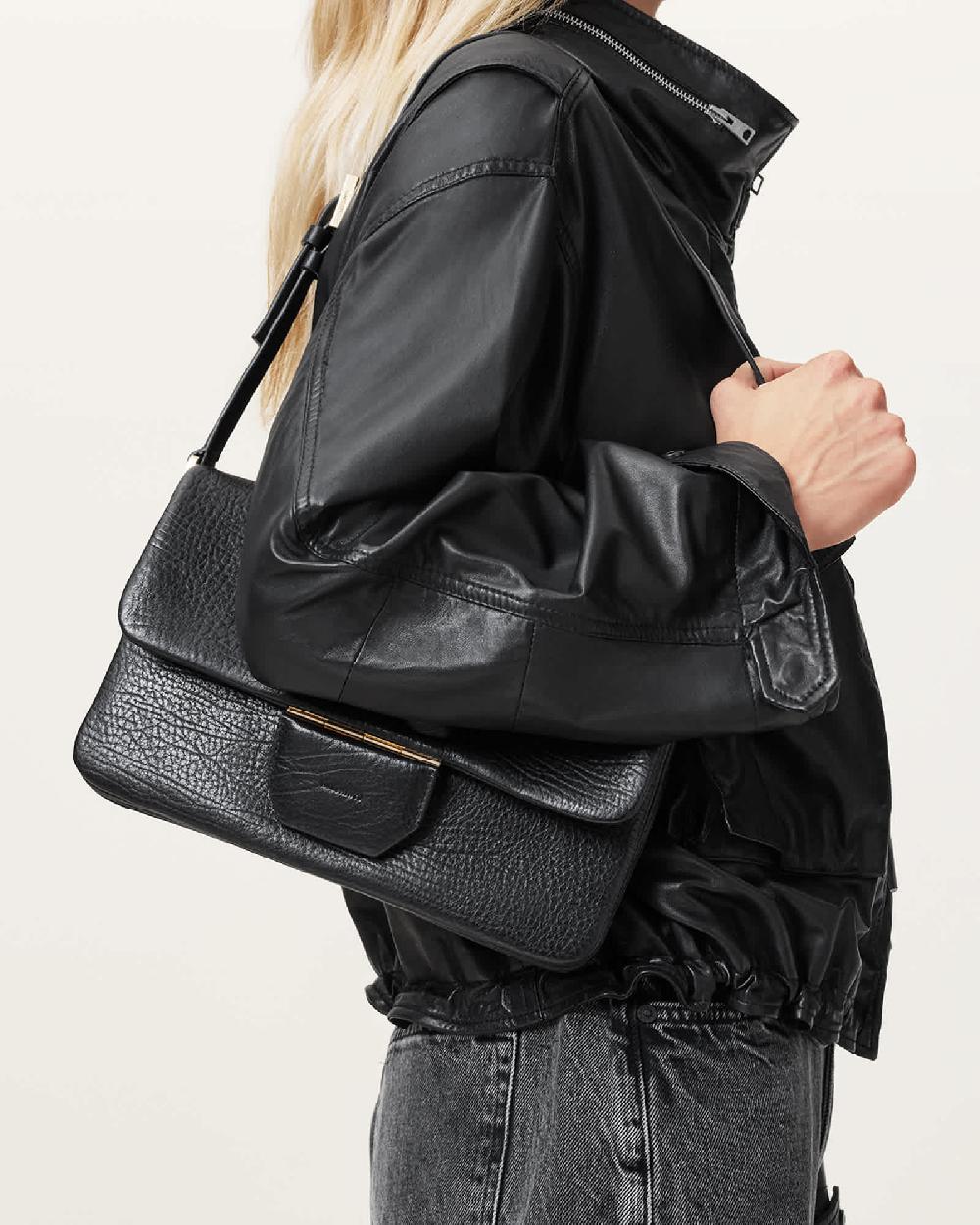 All Saints Ondine Grain Leather Shoulder Bag Black
